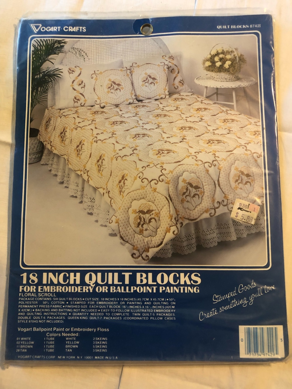 Vintage Vogart Crafts "Floral Scroll" Stamped 18" Quilt Blocks Kit (Lot of 2 Pac